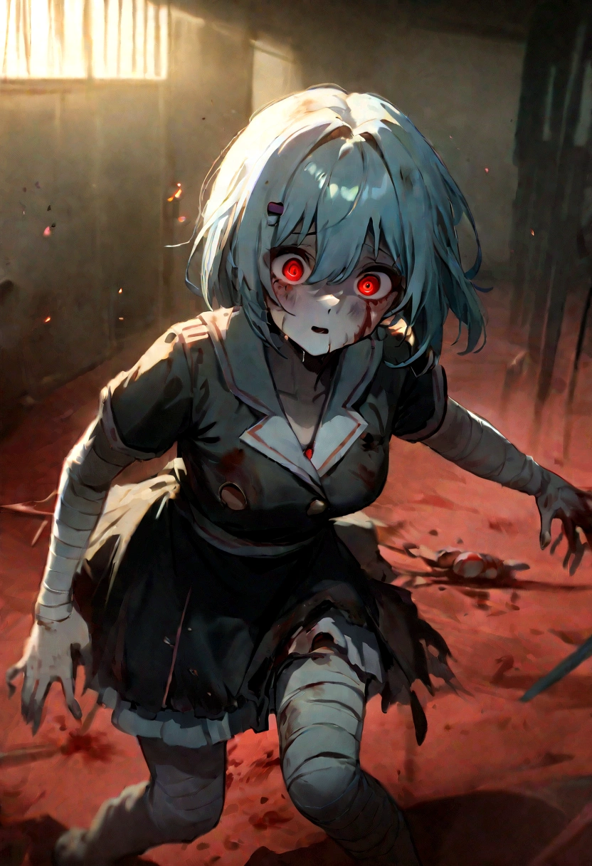 Hatsune Miku、Hatsune Miku、Blue skin and face、masterpiece, highest quality, highest detail, 1 girl, BREAK, horror, (Small injured girl, blood, bleeding, injury), Shining white hair, jewel-like red eyes, anime highlight eyes, scarred clothes, dirty clothes, bloodstained clothes, scarred skin, battle damage, bandaged arms, bandaged legs, (Yandere:1.2), BREAK, The background is a modern hospital, a collapsed hospital, BREAK, movie lighting, action movie poster, dynamic, beautiful girl action actor, motion blur, depth of field, 35mm, Sony FE, 1girl,