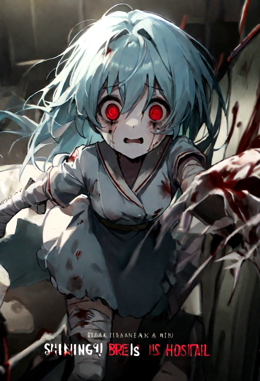 Hatsune Miku、Hatsune Miku、Blue skin and face、masterpiece, highest quality, highest detail, 1 girl, BREAK, horror, (Small injured girl, blood, bleeding, injury), Shining white hair, jewel-like red eyes, anime highlight eyes, scarred clothes, dirty clothes, bloodstained clothes, scarred skin, battle damage, bandaged arms, bandaged legs, (Yandere:1.2), BREAK, The background is a modern hospital, a collapsed hospital, BREAK, movie lighting, action movie poster, dynamic, beautiful girl action actor, motion blur, depth of field, 35mm, Sony FE, 1girl,