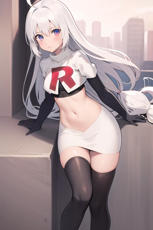 masterpiece, best quality, 1 girl  white hair, long hair,ahoge, team rocket,team rocket uniform,white skirt,red letter R,crop top,black thigh-highs,black elbow gloves