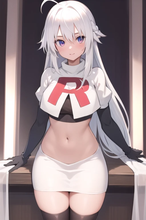 masterpiece, best quality, 1 girl  white hair, long hair,ahoge, team rocket,team rocket uniform,white skirt,red letter R,crop top,black thigh-highs,black elbow gloves