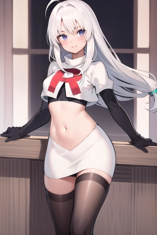 masterpiece, best quality, 1 girl  white hair, long hair,ahoge, team rocket,team rocket uniform,white skirt,red letter R,crop top,black thigh-highs,black elbow gloves