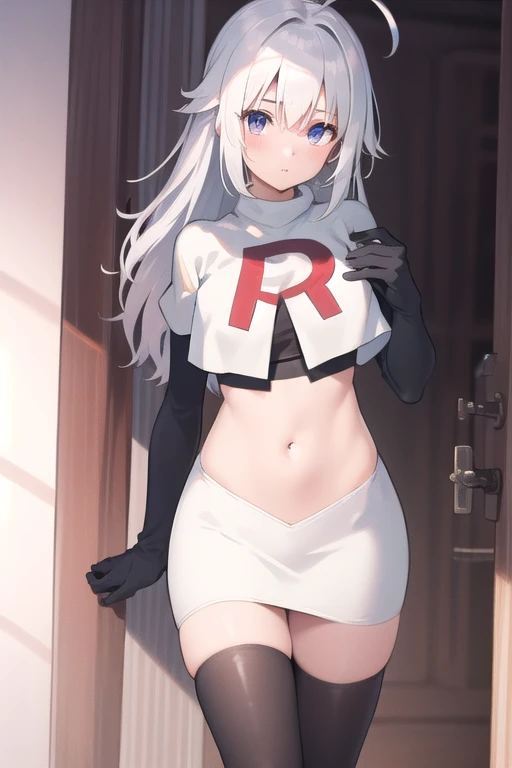 masterpiece, best quality, 1 girl  white hair, long hair,ahoge, team rocket,team rocket uniform,white skirt,red letter R,crop top,black thigh-highs,black elbow gloves