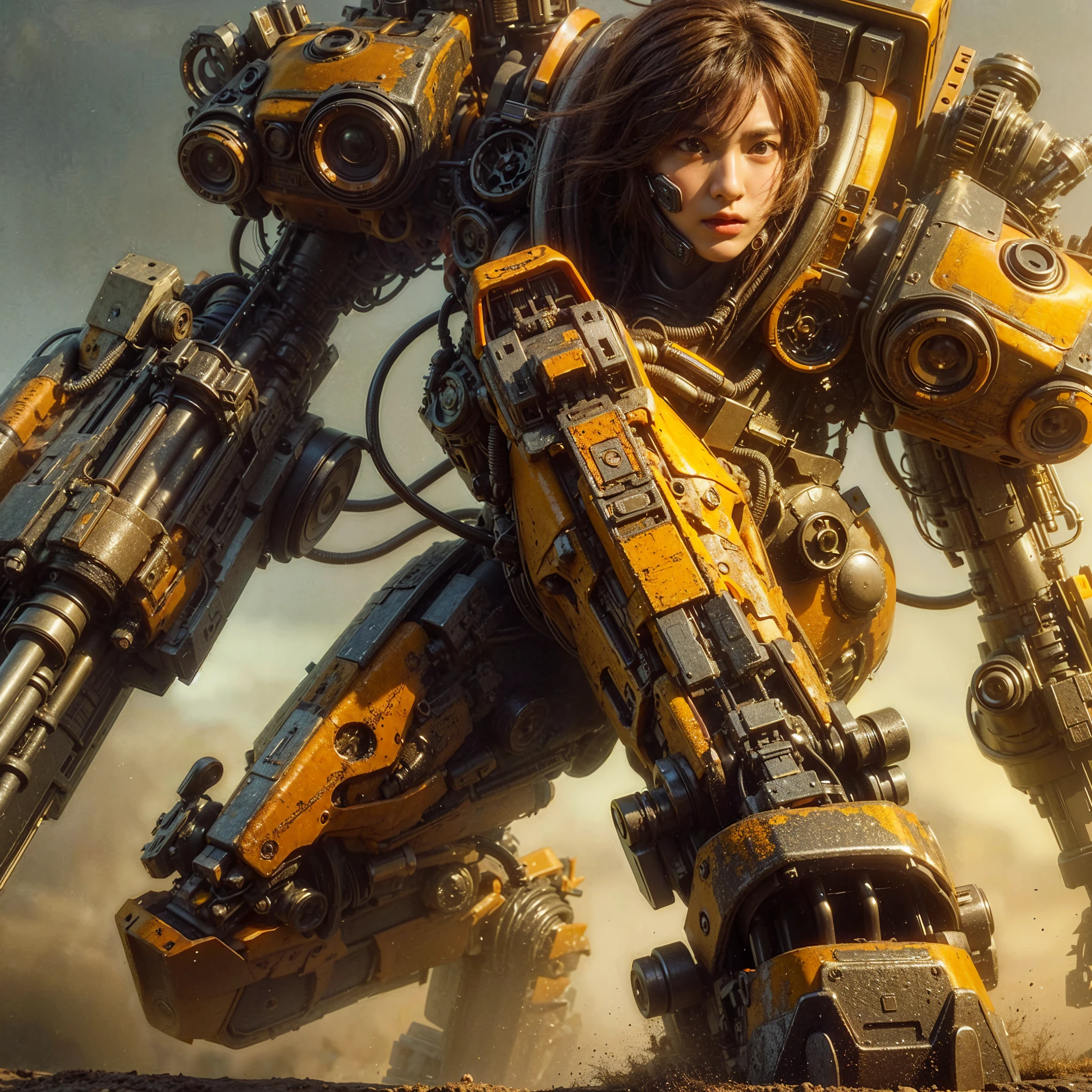 ultra high res,8k,(Photorealsitic:1.4), (Lobster-like mechanical suit:1.2), designed by Hajime Katoki,heavy weapons,vivid textures,animal legs, gradation hair, japanese female soldier,(ultra beautiful face),((super realistic all textures)), ((super intricate all details)), full body shot, ultra sharp photo result, Acrylic Clear Cover, Hydraulic cylinder, style, taken with Fuji film X-T30+Nokton. HDR10,Minimum of 4 pieces created