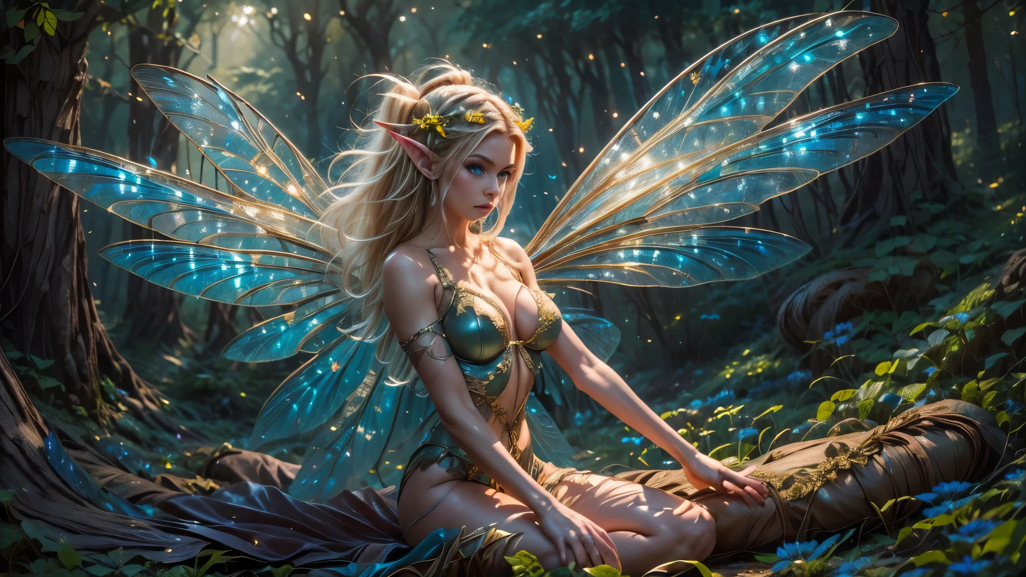 Beautiful faerie woman, elf ears, flying, hovering, floating, centered holographic dragonfly wings, balanced wings, glowing blue eyes, detailed realistic eyes, detailed proportional hand, manicured hands, four fingers on each hand, one thumb on each hand, detailed fingers, proportional fingers, painted fingernails, proportional legs, proportional arms, proportional body, firm breast, silk tutu, ballet pose, magic glitter, oak tree forest, frank Frazzetta painting style, (Best Quality:1.4), (Ultra-detailed), (extremely detailed CG unified 8k wallpaper), Highly detailed, RAW Photos, Professional Photography, plein air, Illumination, (Super fancy photos:1.4), (Dazzling light), Radiant Photography, depth of fields,