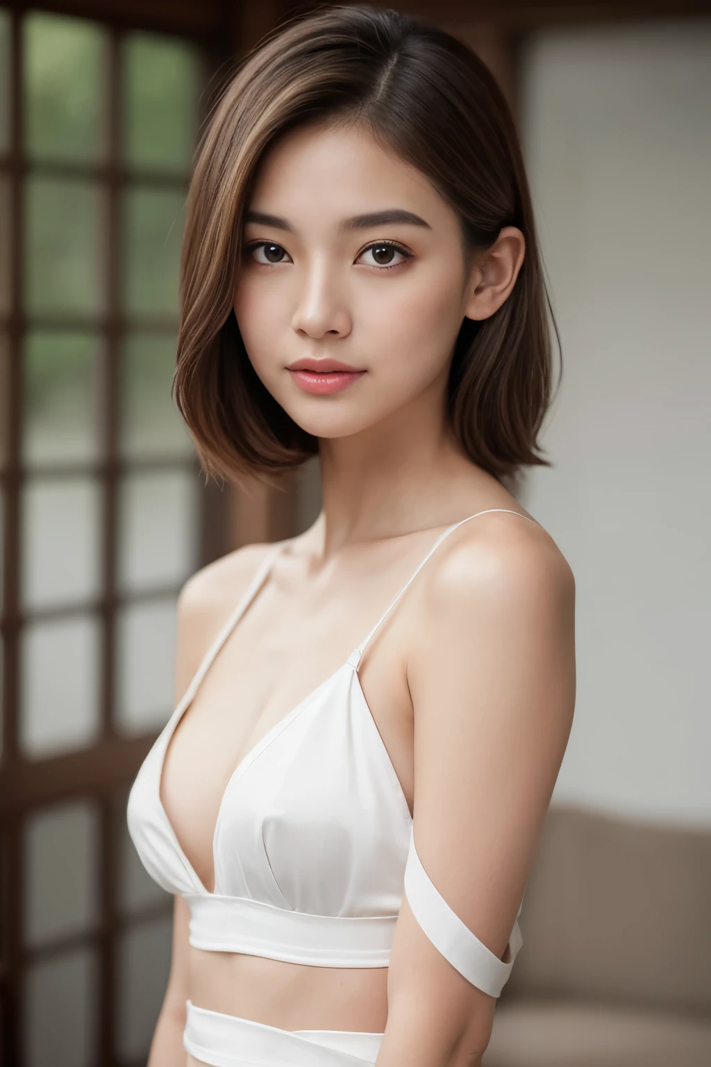 Create a (( mid-shot )) photorealistic image of a beautiful Asian woman with fair, smooth, flawless skin. She has large, round, sparkling eyes with naturally long and curled eyelashes, and well-defined, dark eyebrows. Her nose is straight and high, and her naturally pink, soft lips form a gentle smile. She has short, slightly curled brown hair that highlights her delicate facial features. Her face is oval-shaped, with a wide and high forehead, moderately high cheekbones, and a pointed, slender chin. She is wearing a white lingerie that complements her elegant and feminine appearance. (( waist to top))