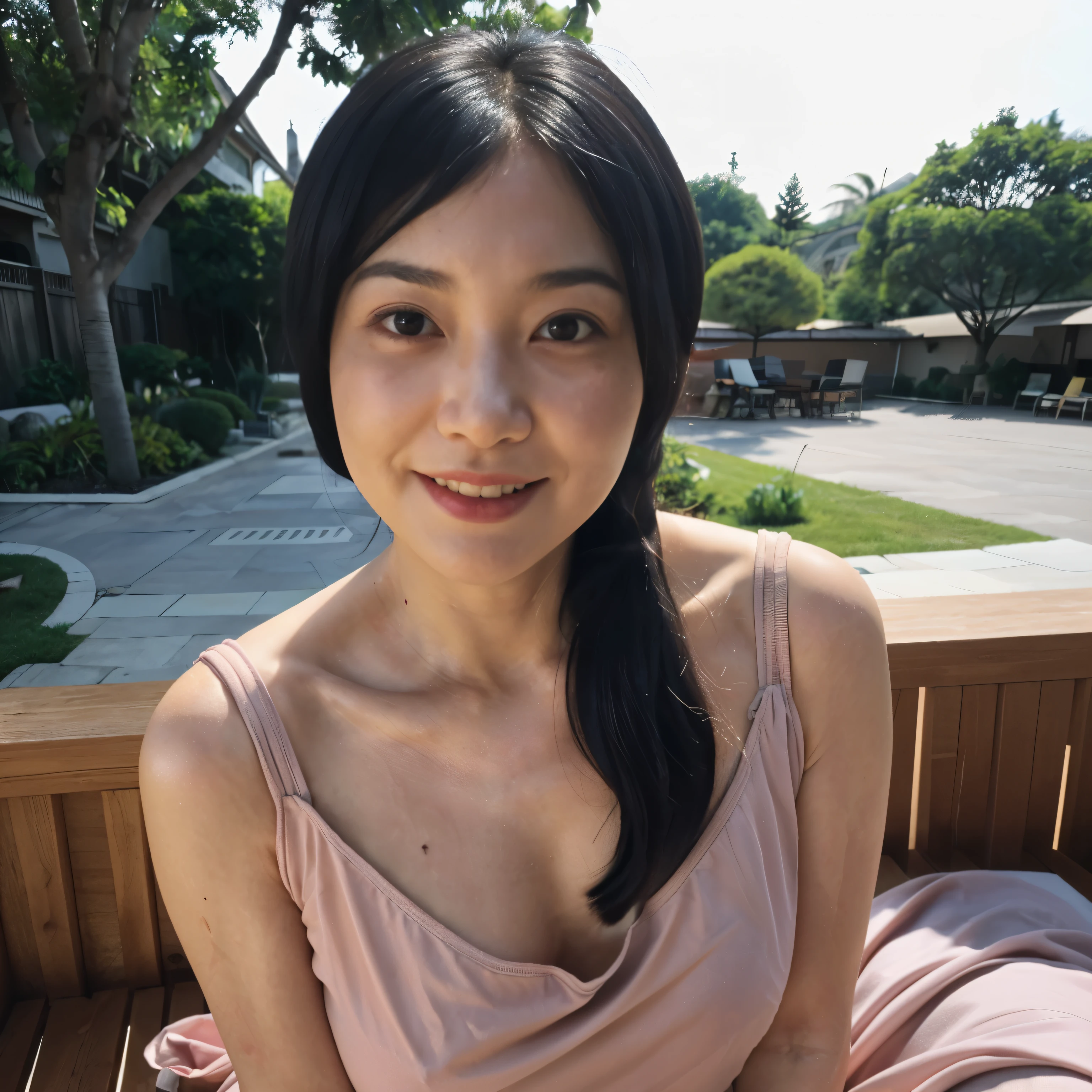 ((highest quality, 8K, Ultra high definition)), ((masterpiece: 1.3)), (Perfect appearance), (Photorealism: 1.6), Sunny outdoors, Original photo, Cinema Lighting, Poolside, (1人のJapanese Mature), (60 years old, Japanese Mature), (Look back here),((Realistic skin texture)), (Fine wrinkles all over the skin, Dull skin, Unmoisturized skin, Wrinkles around the eyes, double eyelid, Lower eyelid tear trough, Crying Mole, Dimples), Slightly parted lips, (Smiling: 1.2), (Short bangs), (Long hair with curled ends: 1.2), (Hair tied back: 1.2), (backless dress), (Plain draped dress), (loose-fitting top dress), (Halter neck), (A long dress with a tight bottom), Pale pink dress, ((Turn around by turning only the upper body)), (Small breasts: 1.2), (Nipples are visible from the side), (Close-up of upper body: 1.4),