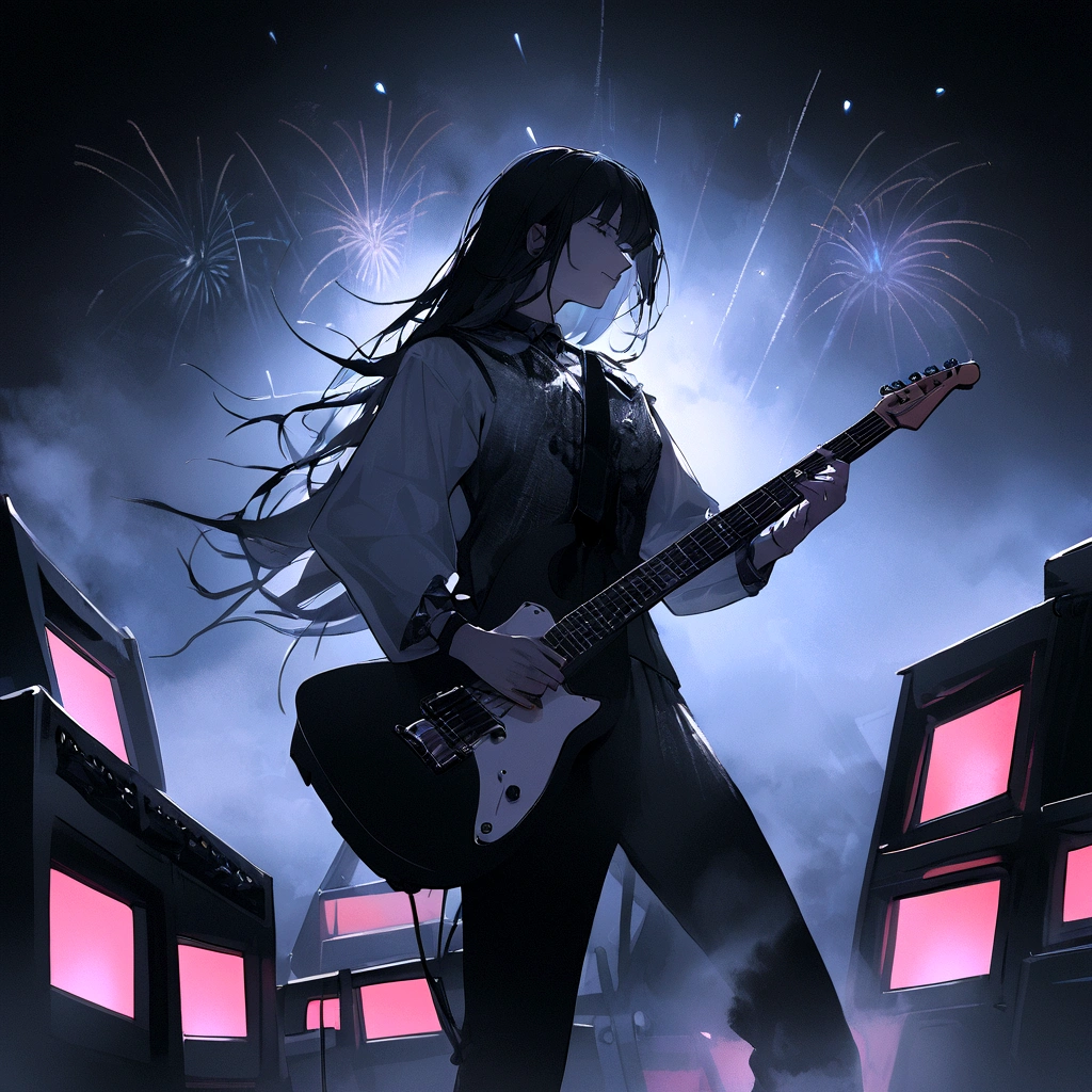 rock band. White guitarist, Until then, Very long black hair, Crazy about black and white electric guitar. Perform on a professional stage with lights, fog, Screens and fireworks. Surreal , Professional Lighting,