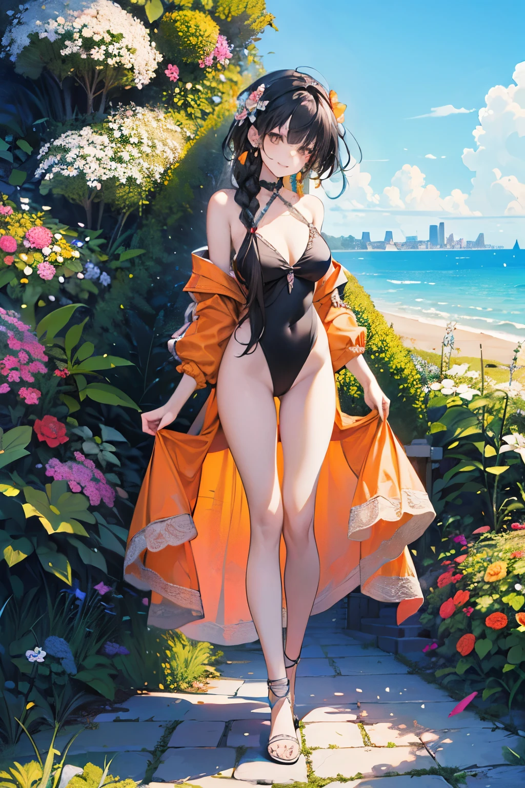 ((17years old girl:1.2)), masterpiece, best quality, braid hair, black hair, (portrait), shiny gray eyes, white onepiece swimsuit dress, palace,outdoors, garden, beach,perfect hands,(pastel orange),looking front,((Large and gorgeous earrings:1.1)),smile,((Braiding:1.2)),(NSFW:1.05),(half Full body:1.3),(Small breasts:1.25)