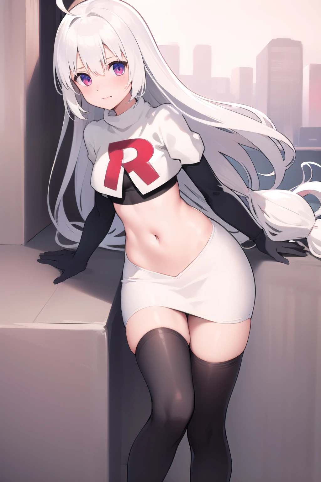 masterpiece, best quality, 1 girl  white hair, long hair,ahoge, team rocket,team rocket uniform,white skirt,red letter R,crop top,black thigh-highs,black elbow gloves