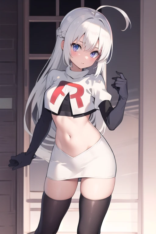 masterpiece, best quality, 1 girl  white hair, long hair,ahoge, team rocket,team rocket uniform,white skirt,red letter R,crop top,black thigh-highs,black elbow gloves