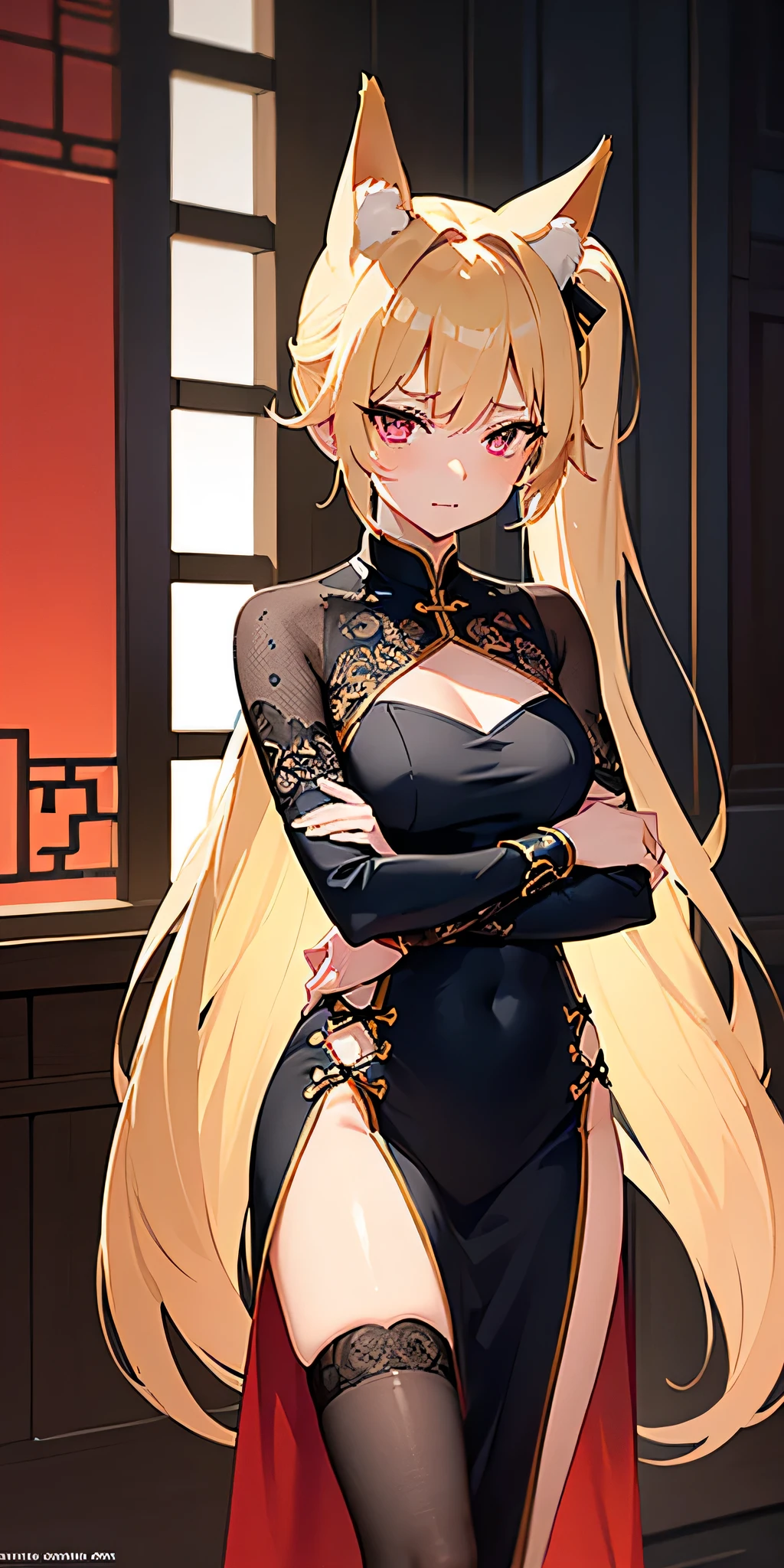 (((professional: Step by step, taking into account even the smallest detail, God-level final result, all intricate details, cowboy shot, solo 1girl view))): "1 fox girl, ruby eyes, fox ears, fox tail, high ponytail, firm breasts, medium breasts, smug, cute, short black china dress, very low-cut, (light clothing very thin and transparent like air), side full body, pelvic curtain, thigh ribbon, (pumps:1), (hugging own leg:1.1), chinese style, indoors, sharp focus, looking at viewer, (intricate:1.3), red light theme, (orange tone:0.7), illustration, "