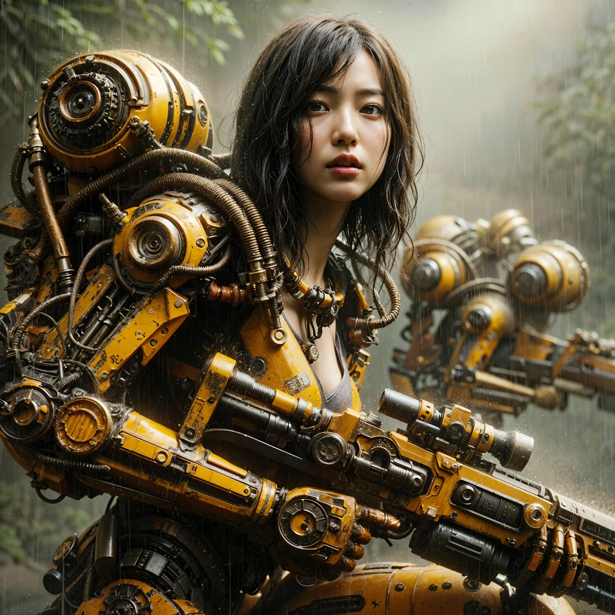 ultra high res,8k,(Photorealsitic:1.4), (Lobster-like mechanical suit:1.2), designed by Hajime Katoki,heavy weapons,vivid textures,animal legs, gradation hair, japanese female soldier,(ultra beautiful face),((super realistic all textures)), ((super intricate all details)), full body shot, ultra sharp photo result, Acrylic Clear Cover, Hydraulic cylinder, style, taken with Fuji film X-T30+Nokton. HDR10,Minimum of 4 pieces created