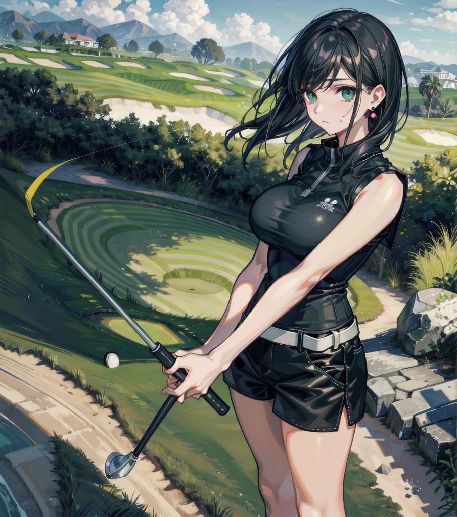 full body, tearful mole, earring, medium hair, black hair, big tits, golf uniform, shorts, realistic 18 hole golf course, lush green fairways, rolling hills, sand traps, water hazards, clubhouse,