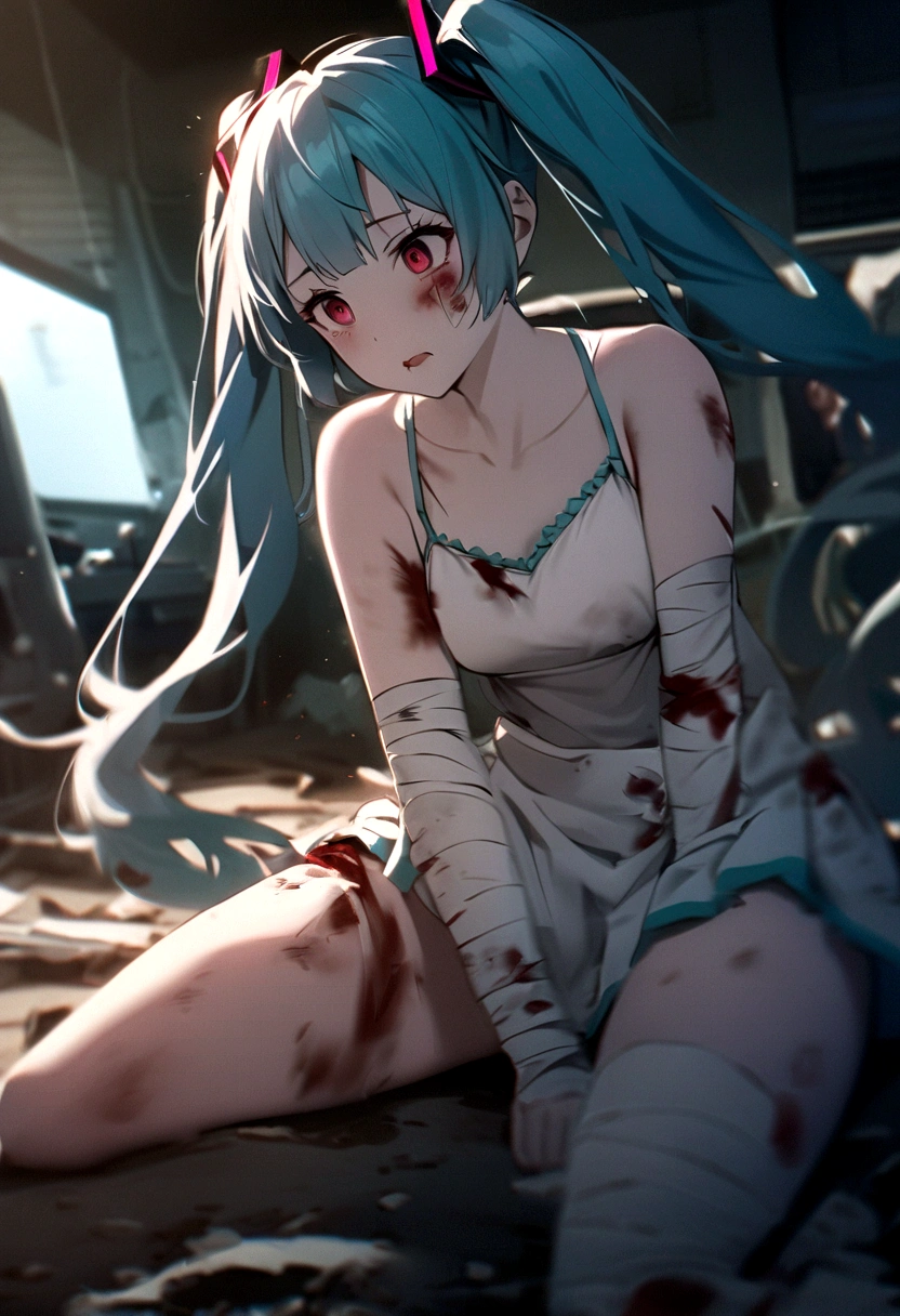 Twin tails、Blue Hair、Twin tails、blunt bangs、Hatsune Miku、Hatsune Miku、Blue skin and face、masterpiece, highest quality, highest detail, 1 girl, BREAK, horror, (Small injured girl, blood, bleeding, injury), Shining white hair, jewel-like red eyes, anime highlight eyes, scarred clothes, dirty clothes, bloodstained clothes, scarred skin, battle damage, bandaged arms, bandaged legs, (Yandere:1.2), BREAK, The background is a modern hospital, a collapsed hospital, BREAK, movie lighting, action movie poster, dynamic, beautiful girl action actor, motion blur, depth of field, 35mm, Sony FE, 1girl,