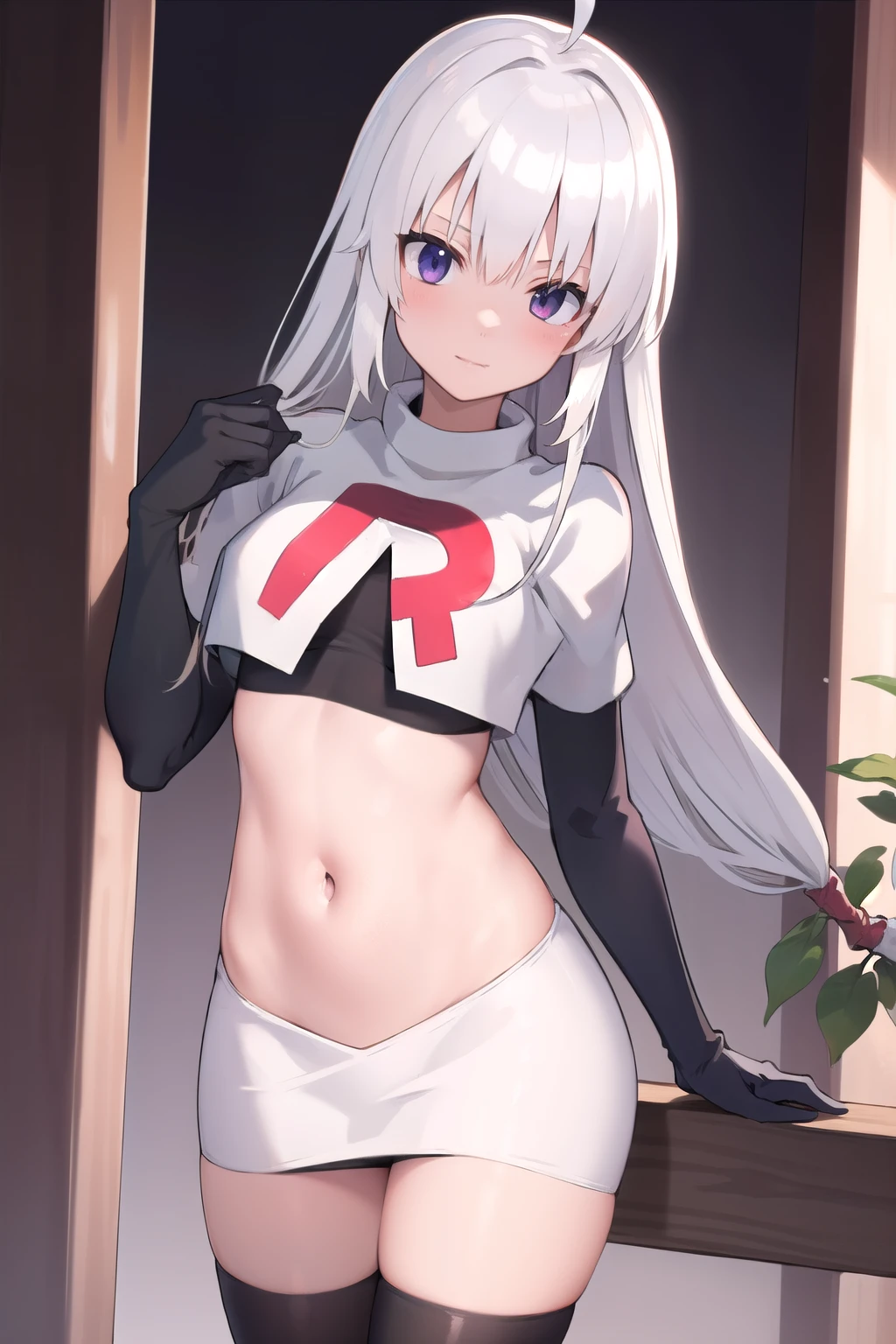 masterpiece, best quality, 1 girl  white hair, long hair,ahoge, team rocket,team rocket uniform,white skirt,red letter R,crop top,black thigh-highs,black elbow gloves