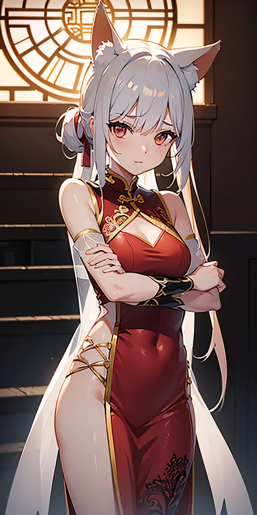 (((professional: Step by step, taking into account even the smallest detail, God-level final result, all intricate details, cowboy shot, solo 1girl view))): "1 fox girl, ruby eyes, fox ears, fox tail, high ponytail, firm breasts, medium breasts, smug, cute, short black china dress, very low-cut, (light clothing very thin and transparent like air), side full body, pelvic curtain, thigh ribbon, (pumps:1), (hugging own leg:1.1), chinese style, indoors, sharp focus, looking at viewer, (intricate:1.3), red light theme, (orange tone:0.7), illustration, "