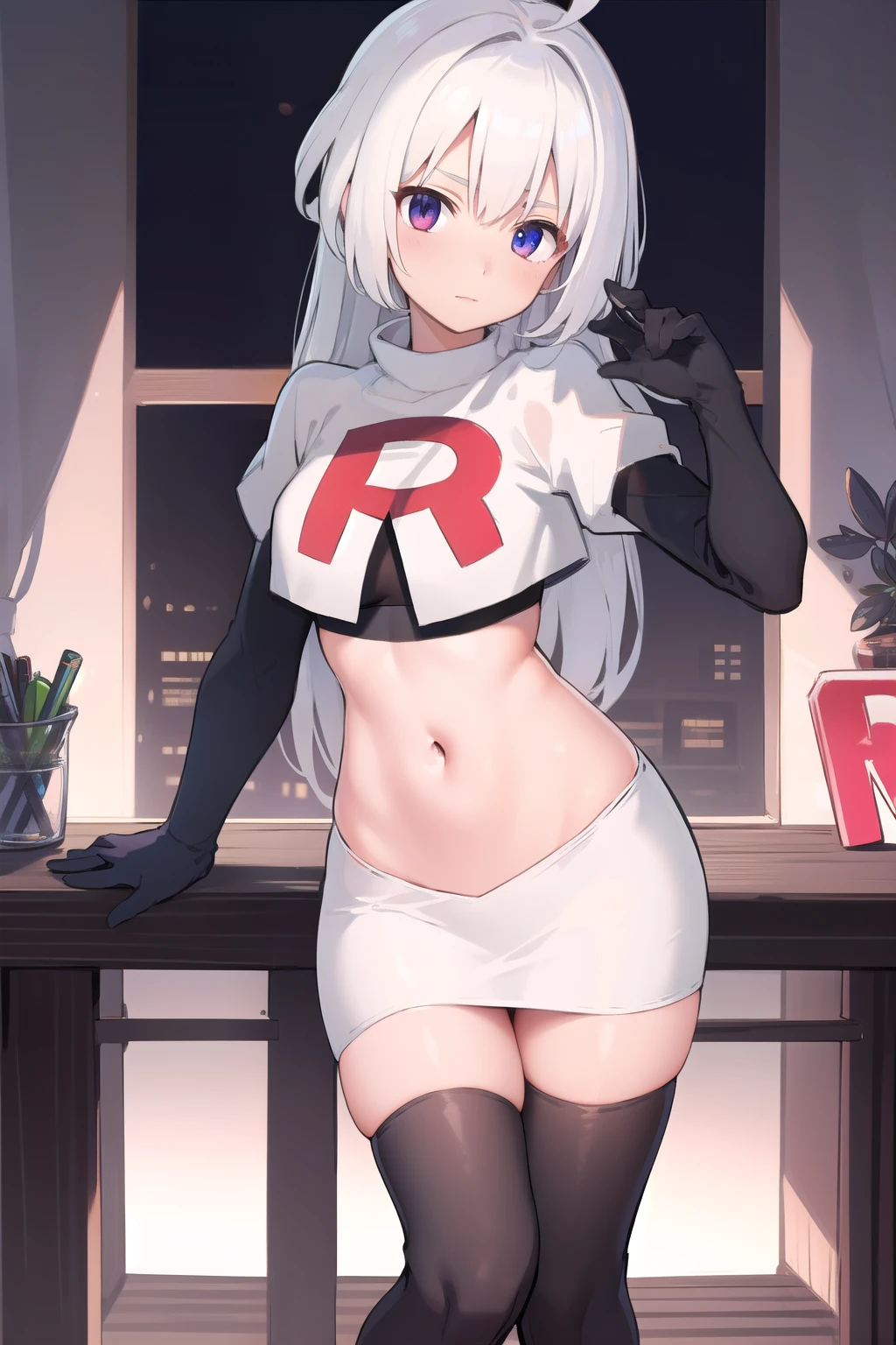 masterpiece, best quality, 1 girl  white hair, long hair,ahoge, team rocket,team rocket uniform,white skirt,red letter R,crop top,black thigh-highs,black elbow gloves