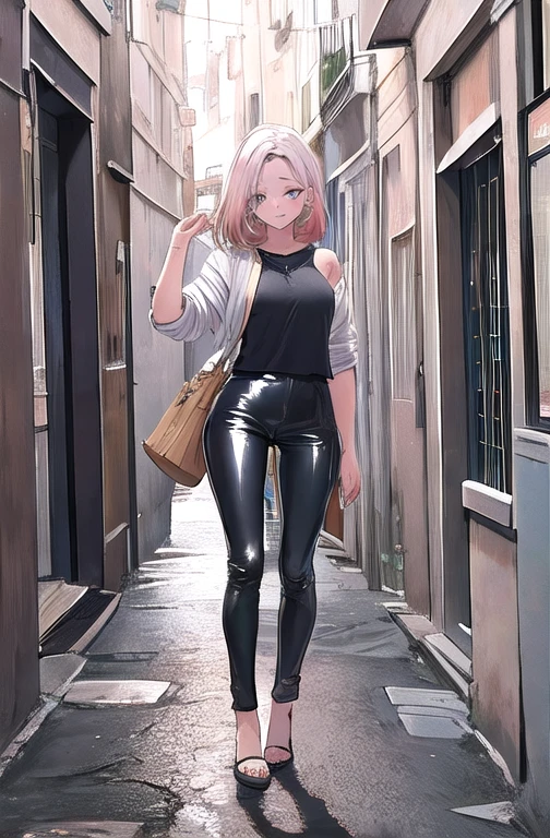 Obra de arte, melhor qualidade, Foco apenas,papel de parede de unidade CG 8k extremamente detalhado,, 1 com cabelo curto cortado bob, olhos brilhantes, leather pants, ((pele escura:1.5, moleca)), tonificado, Bunda, contrapposto, Night time, Olhos rosa, ao ar livre, paisagem