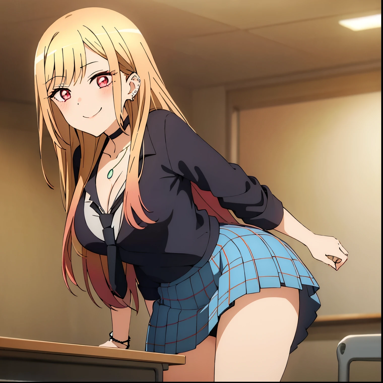 1girl, alone, Marin Kitagawa, masterpiece, Best quality, high resolutions, sexy body, dynamic posture, looking at viewer, looking back, from behind, focus on ass, pov (front view), blonde hair, long hair, pink-tipped hair, red eyes, jewelry, necklace around the neck, choker, white collared shirt, long-sleeved shirt, cleavage, dark blue tie, blue plaid skirt, short skirt, bare legs, chevron, brown loafers, stockings black, cleavage, ear piercings, large breasts, medium waist, medium hips, wide thighs, round butt, bracelet, classroom, sitting at the desk, legs crossed, smile, closed mouth, seductive, embarrassed, excellent hands, excellent anatomy, sunny, sunset, good lighting, perfect anatomy, perfect hands