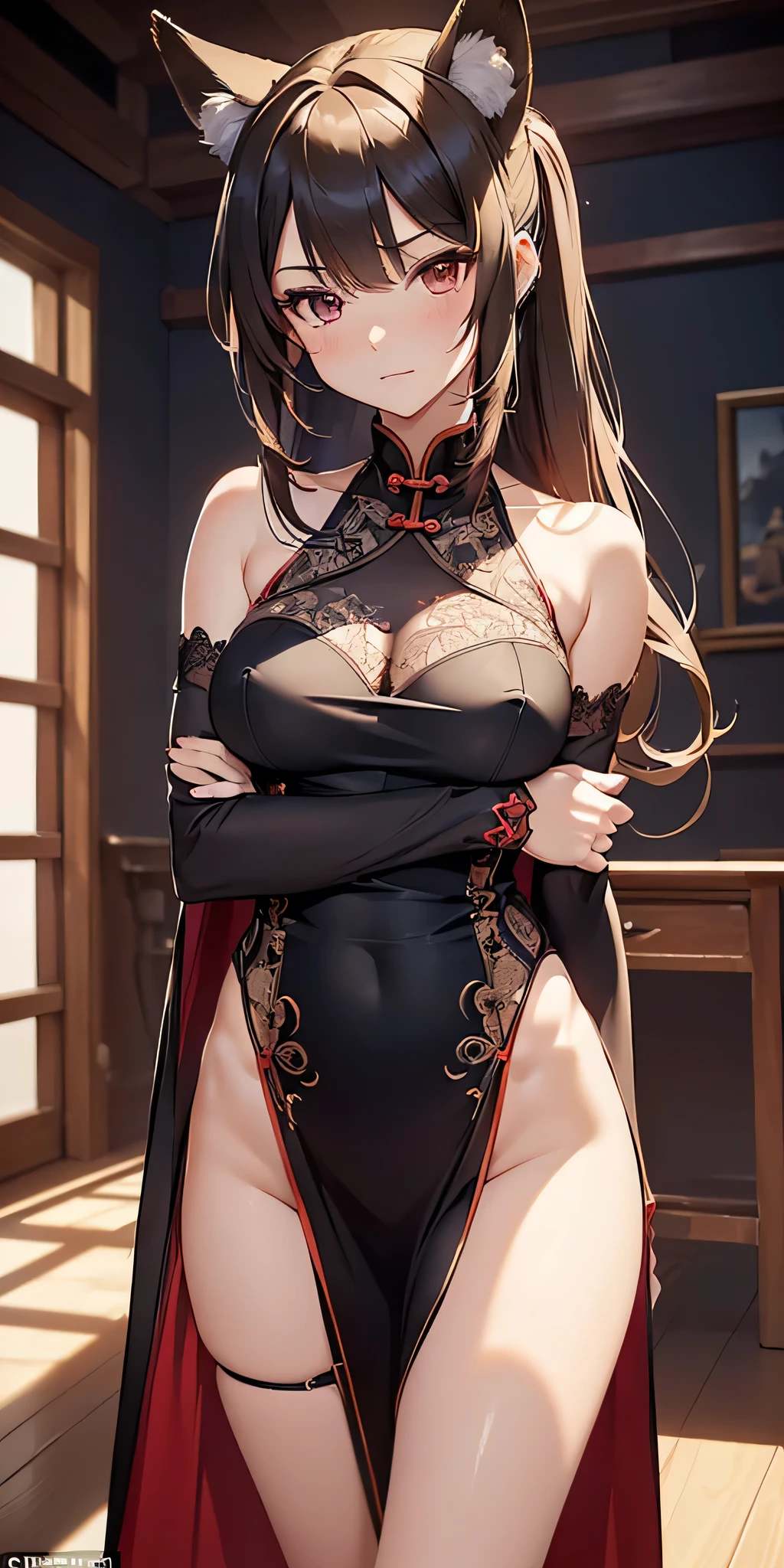(((professional: Step by step, taking into account even the smallest detail, God-level final result, all intricate details, cowboy shot, solo 1girl view))): "1 fox girl, ruby eyes, fox ears, fox tail, high ponytail, firm , , smug, cute, short black china dress, very low-cut, (light clothing very thin and  like air), side full body, pelvic short curtain, thigh ribbon, (pumps:1), (hugging own leg:1.1), chinese style, indoors, sharp focus, see , covered body, looking at viewer, (intricate:1.3), red light theme, (orange tone:0.7), illustration, "