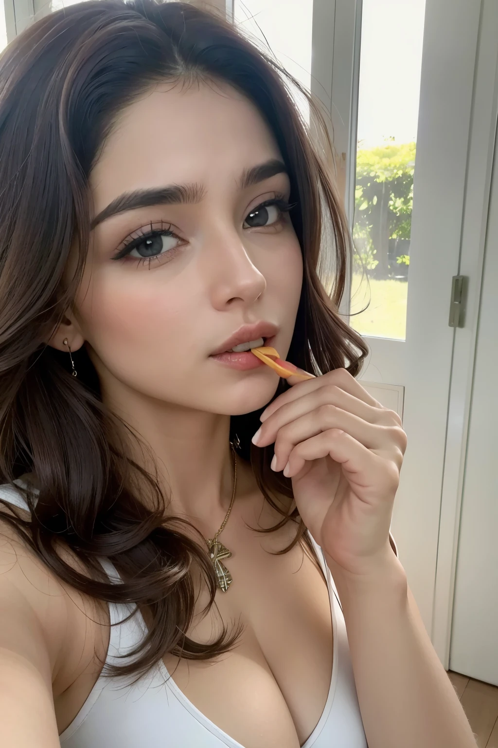 ((melhor qualidade)), ((Obra de arte)), (detalhado), 1 garota, loira, seios grandes, mostrando o bico, sensual, boca grande

