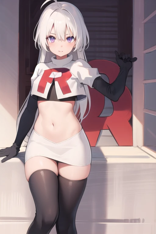 masterpiece, best quality, 1 girl  white hair, long hair,ahoge, team rocket,team rocket uniform,white skirt,red letter R,crop top,black thigh-highs,black elbow gloves