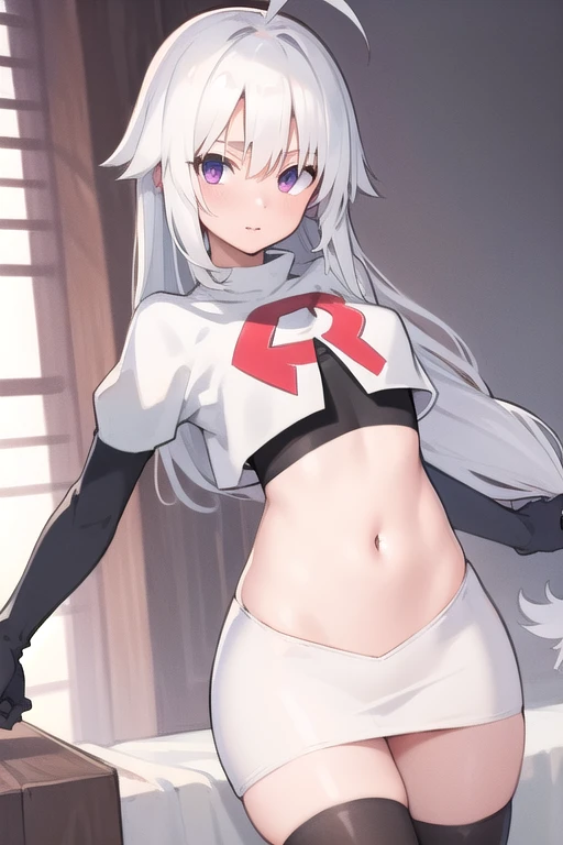 masterpiece, best quality, 1 girl  white hair, long hair,ahoge, team rocket,team rocket uniform,white skirt,red letter R,crop top,black thigh-highs,black elbow gloves