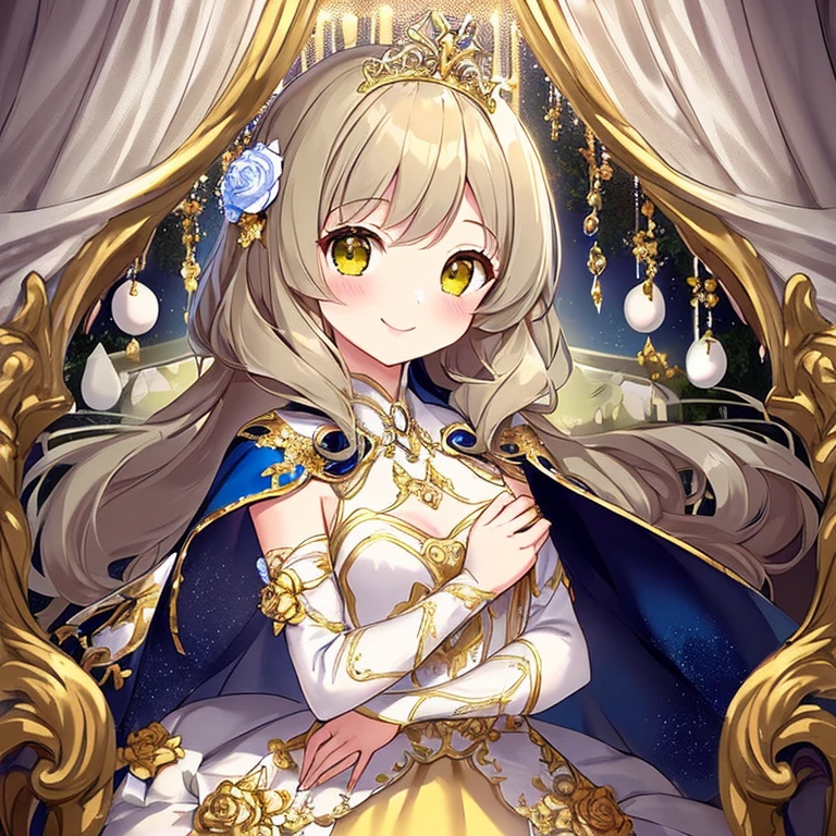 looking at viewer,(kawaii),(best quality),(ultra detailed), upper body,(rococo style),(long train pastel yellow cape:1.15), very long cape,(long train white ball gown with flower decorations:1.1), a girl is wearing a cape over her gown, 1 little princess, tiara, smile, very long hair, small breasts