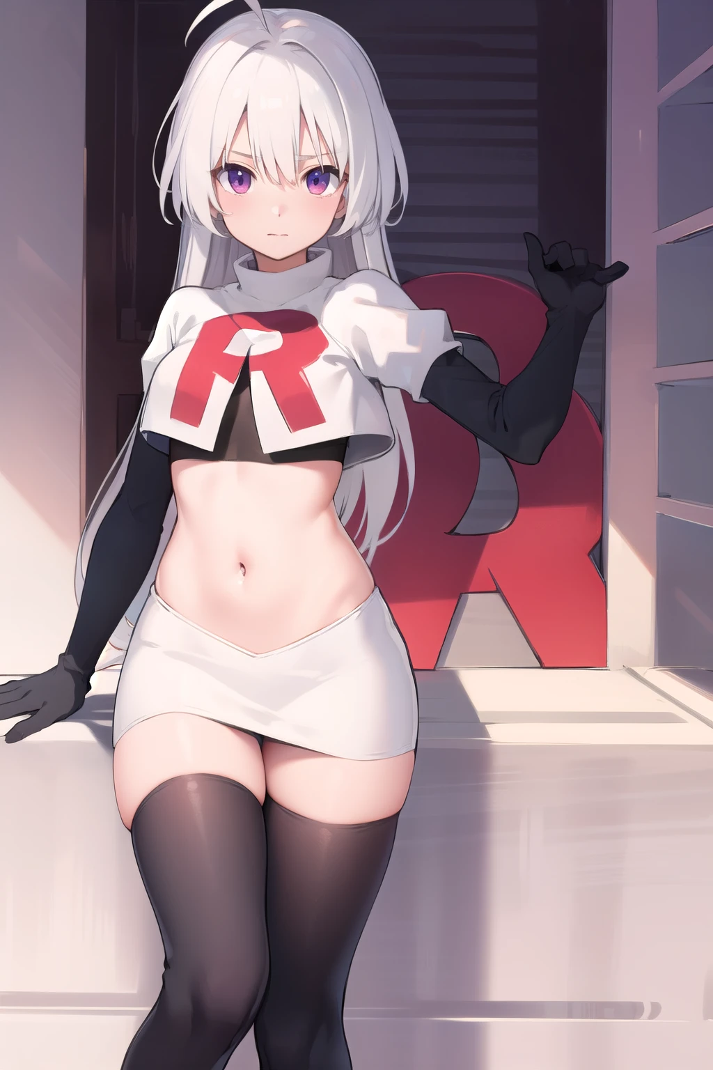 masterpiece, best quality, 1 girl  white hair, long hair,ahoge, team rocket,team rocket uniform,white skirt,red letter R,crop top,black thigh-highs,black elbow gloves