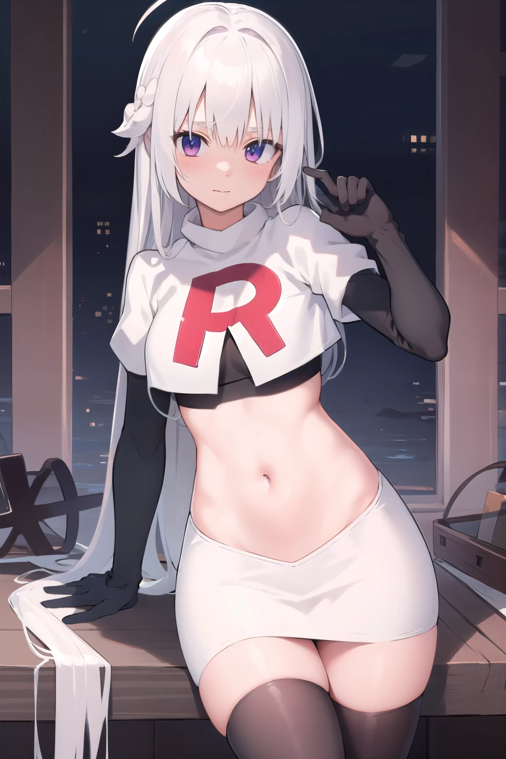 masterpiece, best quality, 1 girl  white hair, long hair,ahoge, team rocket,team rocket uniform,white skirt,red letter R,crop top,black thigh-highs,black elbow gloves