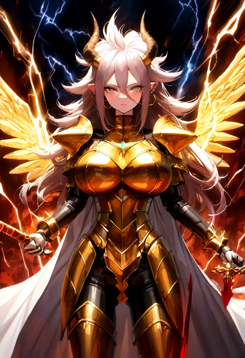 ((Lightning Power)), ((Electricity)), ((Fire Background)), (Lightning Storm), (((android 21))), (((white Coat))), (((Busty))), (((((Big breast:1,3)))), luxury bustier corset, ((silver hair)), (((Very slim waist))), propotional body, ((Gorgeous)), (((gold wings))), masterpiece, hyperdetail, ambient effect, digital effect, (((FIRE SWORD)), (((Lightning Sword))), (((Fire Gold Armor))), (((Lightning Gold Wings))), ((Fire Demon Horns))