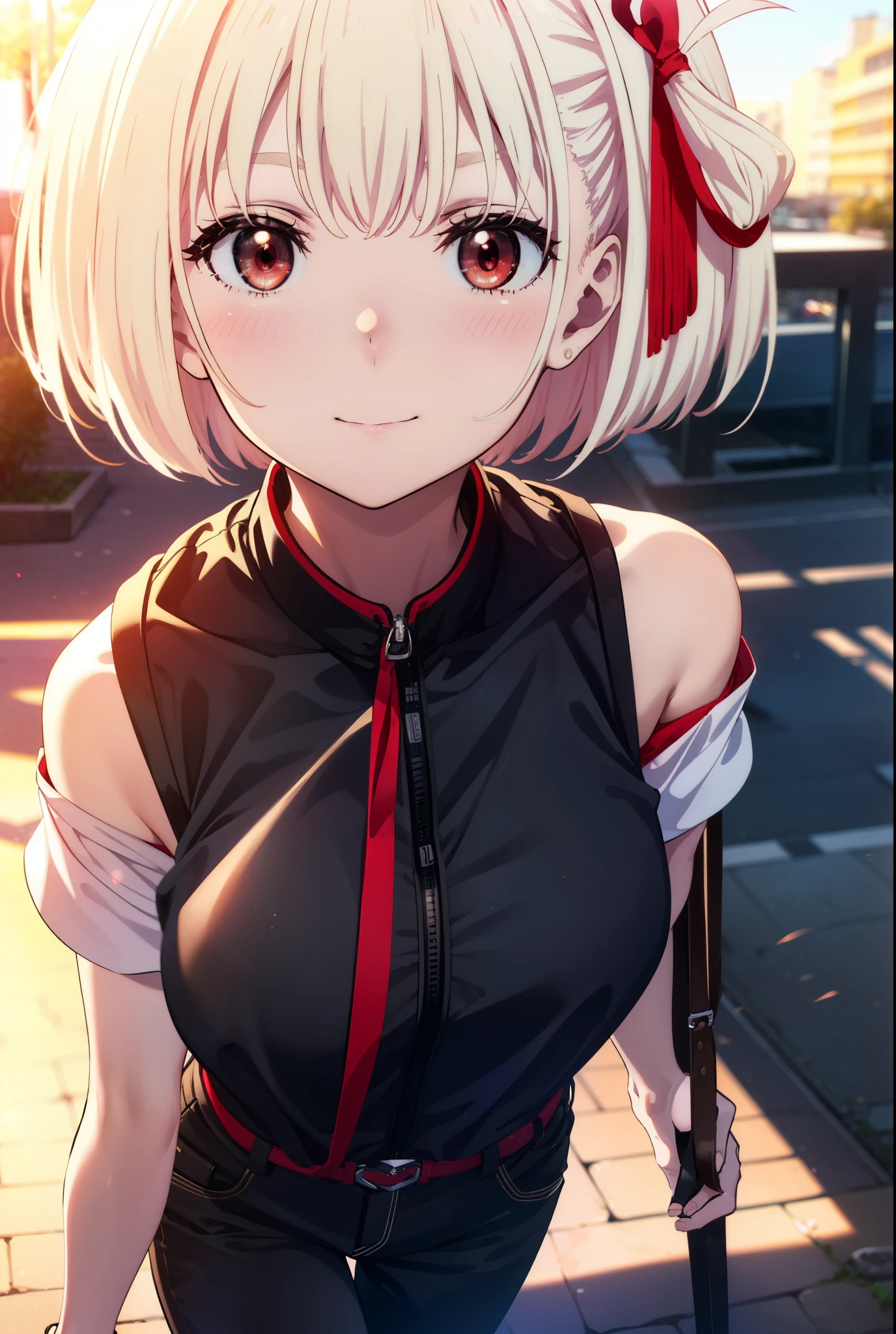 chisatonishikigi, Chisato Nishikigi, short hair, bangs, Blonde Hair, (Red eyes:1.5), Hair Ribbon, One side up, Bobcut,smile,blush,
Cord off-shoulder top,Short sleeve,skinny pants,Stiletto heels,morning,morning陽,The sun is rising,walking,whole bodyがイラストに入るように,
break outdoors, 公園
break looking at viewer, whole body,
break (masterpiece:1.2), highest quality, High resolution, unity 8k wallpaper, (shape:0.8), (Beautiful details:1.6), Highly detailed face, Perfect lighting, Extremely detailed CG, (Perfect hands, Perfect Anatomy),
