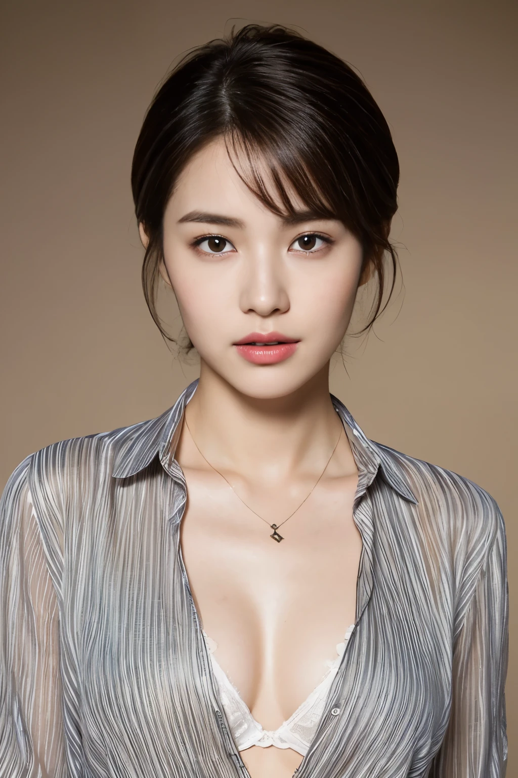 ((top-quality、8K、masterpiece: 1.erfect Body Beauty: 1.4、Slender Abs: 1.2、Beautiful woman with slender abs:1.3、(Highlight Haircutreast B Cup:1.2), medium breast, round shape breast, perfect shape breast, (( open shirt )), necklace, hyperdetailed face、18year old、 Pretty women、(Dark brown short-cut hair), Slim Face、Highly detailed facial and skin texture、very detailed lips、opens legs、top-quality、masterpiece、超A high resolution、(Photorealsitic:1.4), walked forward confidently, long shot , studio setup, photography steup, light from both side, background,