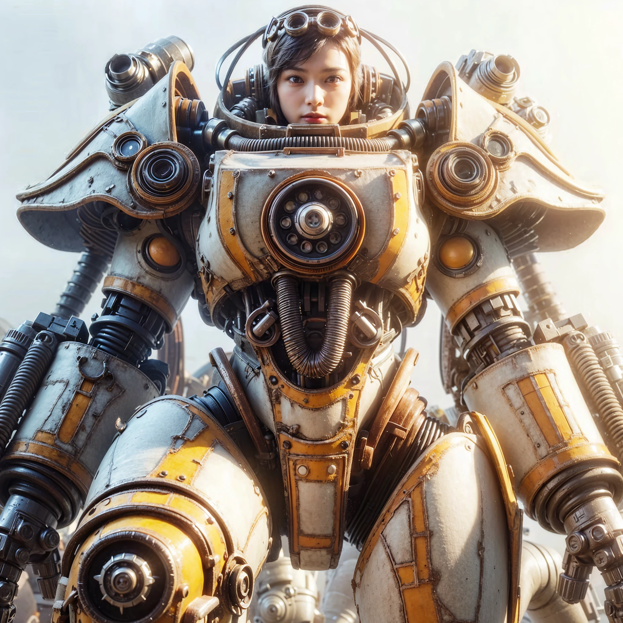 ultra high res,8k,(Photorealsitic:1.4), (Lobster-like mechanical suit:1.2), designed by Hajime Katoki,heavy weapons,vivid textures,animal legs, gradation hair, japanese female soldier,(ultra beautiful face),((super realistic all textures)), ((super intricate all details)), full body shot, ultra sharp photo result, Acrylic Clear Cover, Hydraulic cylinder, style, taken with Fuji film X-T30+Nokton. HDR10,Minimum of 4 pieces created