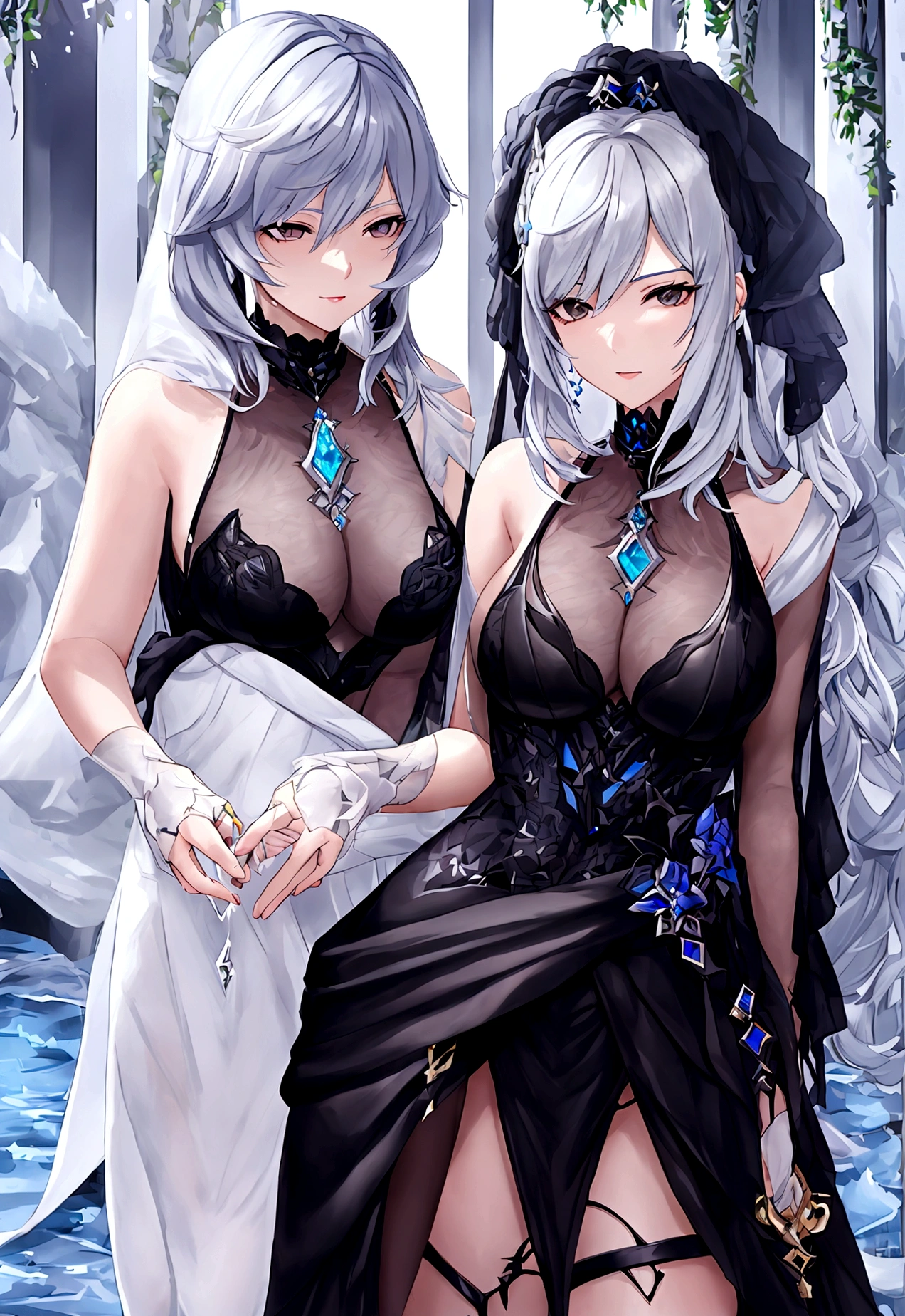 Genshin Impact original character (Fontaine). Adult woman, long silver hair, black eyes, black and blue suit, silver jewelry, hydro (water) Fontaine vision on her hip, serious and serene expression, crystal necklace