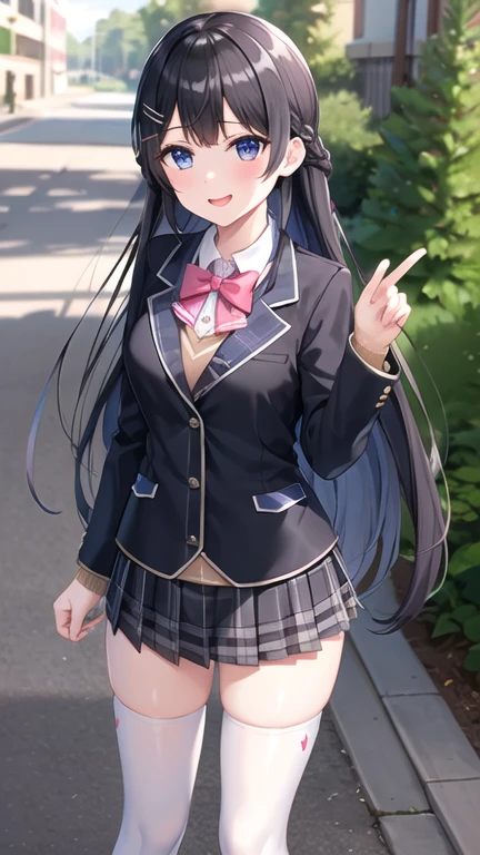 1girl, solo, tsukino mito, long hair, virtual youtuber, skirt, thighhighs, black hair, jacket, bow, blazer, black jacket, hairclip, hair ornament, white thighhighs, bangs, braid, pleated skirt, pink bow, , bowtie, very long hair, long sleeves, shirt, collared shirt, white shirt, blue eyes, pink bowtie, plaid skirt, plaid, black skirt, miniskirt, standing,  outdoors, street,