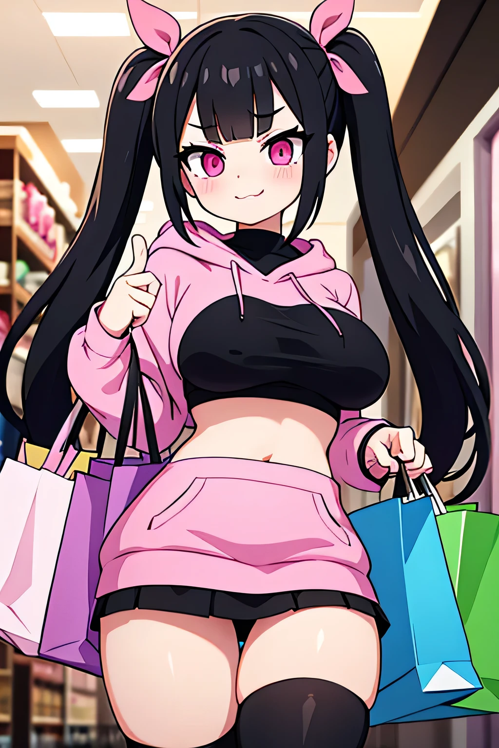 best quality, expressive eyes, perfect face, black hair, long twintails, straight bangs, pink eyes, smirking expression, pink hoodie crop top, black thigh highs, pink lips, black mini skirt, big breasts, adult, pinching finger, evil, holding shopping bags