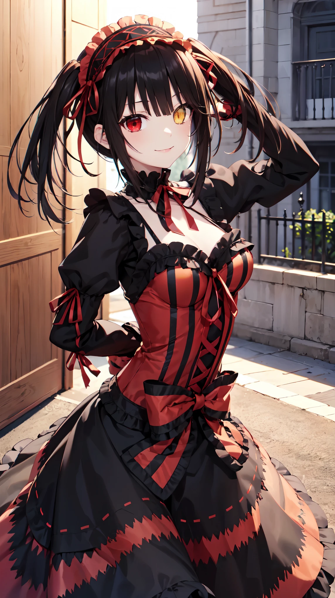 masterpiece, The best quality、street、Put your arms behind your back、Black Hair, Long twin tails bunches, (Yellow eyes:1.2), Heterochromia iridum, (Red Eyes:1.2),Tokisaki Kurumi、Smile,Gothic Lolita Clothing Accessories、victorian maid tiara、Black Ribbon、Shut up、Gothic Lolita Clothing Accessories