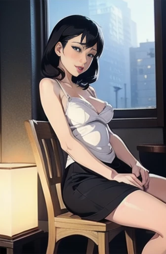 Japanese,Black Hair,the 50s,mature sexy woman wearing a white dress sitting on a chair, Short dress,Tight dress,Under the skirt,White panties,Dim lighting, sexy, hot,Blushed,blush, Lusty mature woman,Small breasts,Erect nipples,(Orgasm between the breasts),cum dripping from mouth,Please open your legs a little,(Sheer),BDSM,tied breasts by the rope,Hands tied to a chair,(Leg spread),