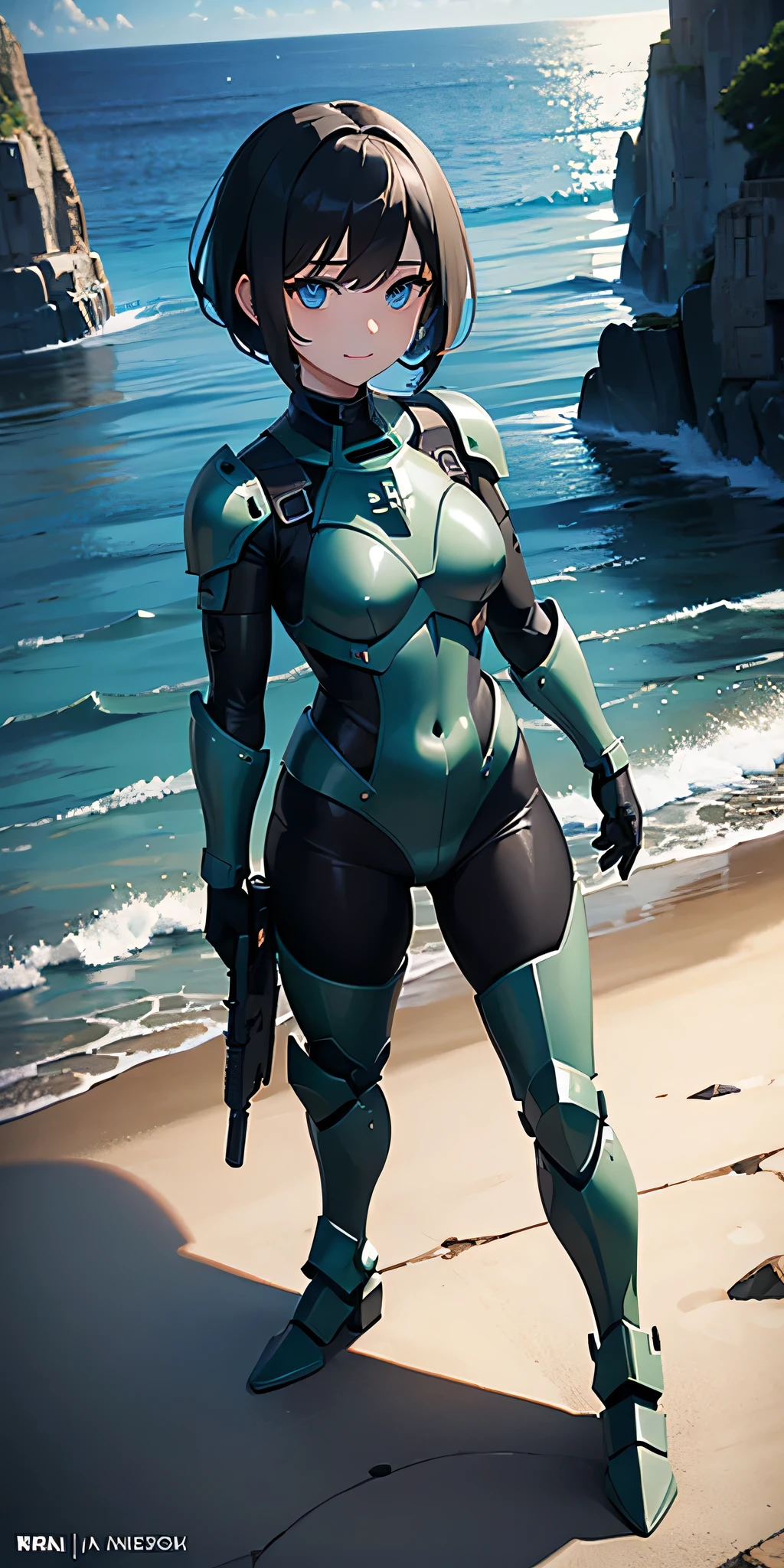 ((soldier girl asking to fuck)), anime girl holds a gun and dark cave, 1girl view, gun, solo, blue eyes, black hair, smile, symmetrical face, perfect body, full body, holding gun, ocean, outdoors, looking at viewer, sky, short hair, random angle, cowboy shot, short body mecha armor, nude, sexually indecent armor, armor skin, random angle, ((ligth green-black armor)).