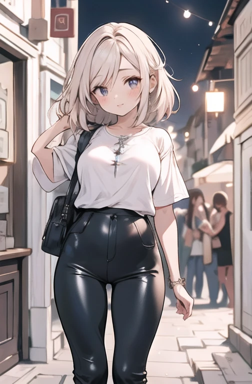 Obra de arte, melhor qualidade, Foco apenas,papel de parede de unidade CG 8k extremamente detalhado,, 1  com cabelo curto cortado bob, olhos brilhantes, leather pants, ((pele escura:1.5, moleca)), tonificado, Bunda, contrapposto, Night time,  Olhos rosa, ao ar livre, paisagem