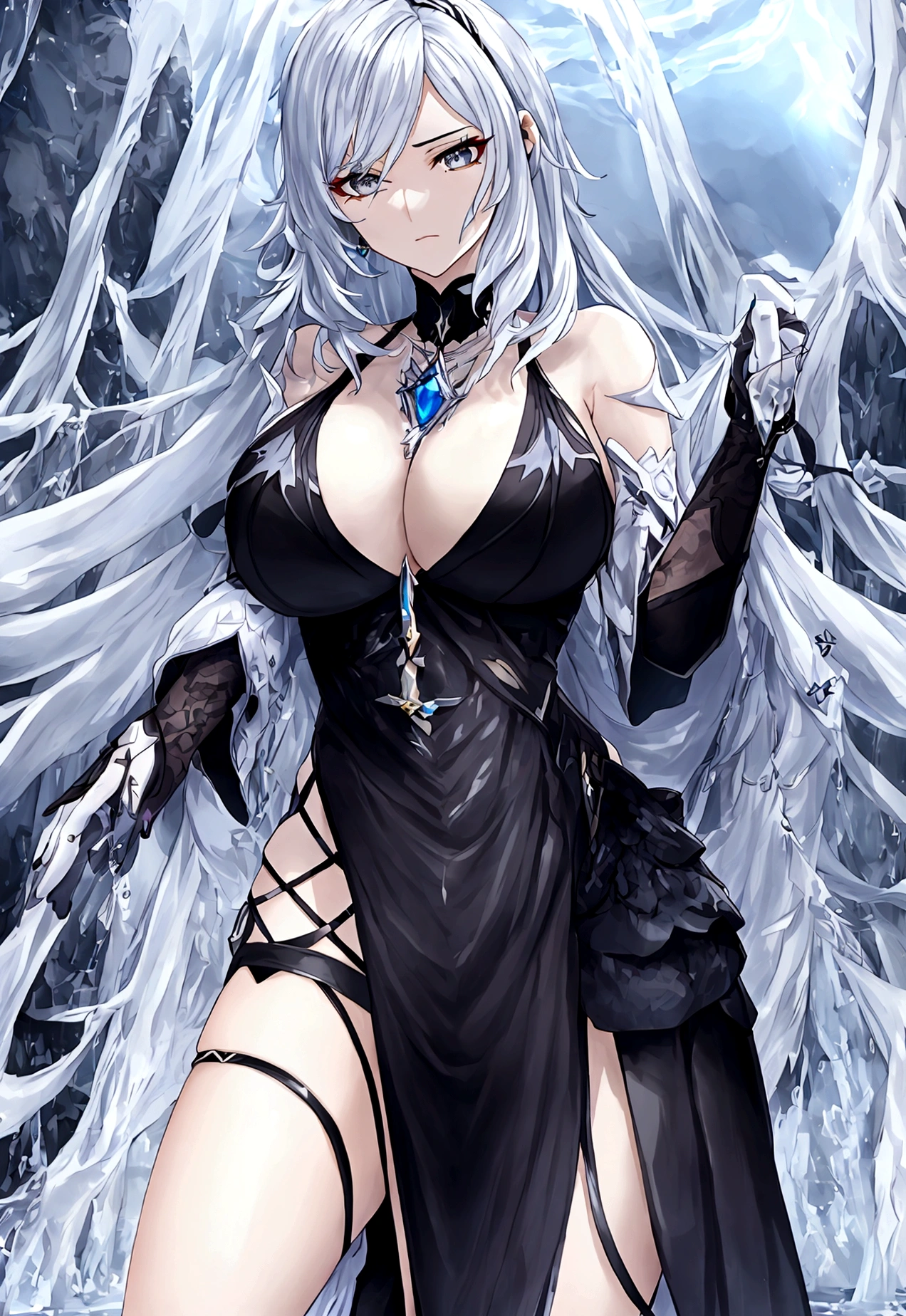 Genshin Impact original character (Fontaine). Adult woman, long silver hair, black eyes, black and blue corporate suit, silver jewelry, hydro (water) Fontaine vision on her hip, serious and serene expression, crystal necklace