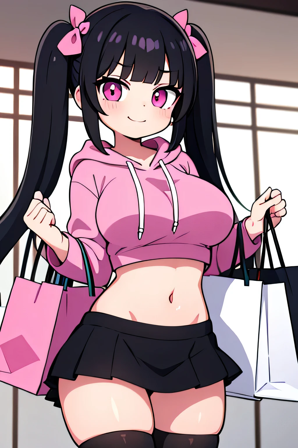 best quality, expressive eyes, perfect face, black hair, long twintails, straight bangs, pink eyes, smirking expression, pink hoodie crop top, black thigh highs, pink lips, black mini skirt, big breasts, adult, pinching finger, evil, holding shopping bags