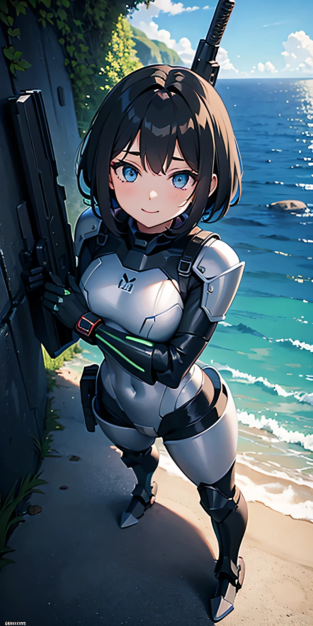 ((soldier girl asking to fuck)), anime girl holds a gun and dark cave, 1girl view, gun, solo, blue eyes, black hair, smile, symmetrical face, perfect body, full body, holding gun, ocean, outdoors, looking at viewer, sky, short hair, random angle, cowboy shot, short body mecha armor, nude, sexually indecent armor, armor skin, random angle, ((ligth green-black armor)).