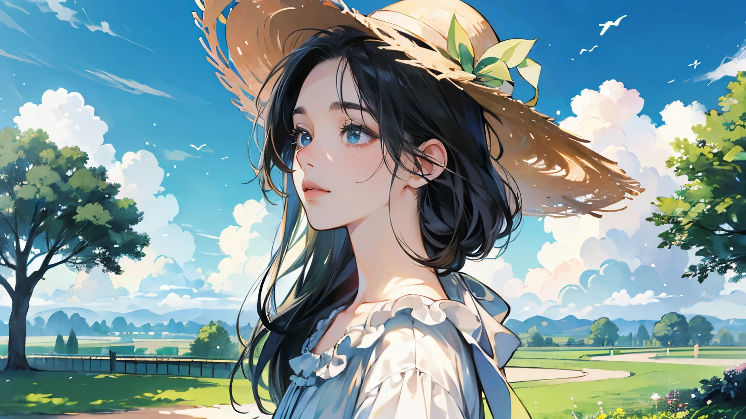 Ultra HD、Masterpiece、Realistic、Small park、morning、Open、relax、Big Clouds、Ghibli style、Well-proportioned face、Clear double eyelids、Delicate hands、Refreshing look