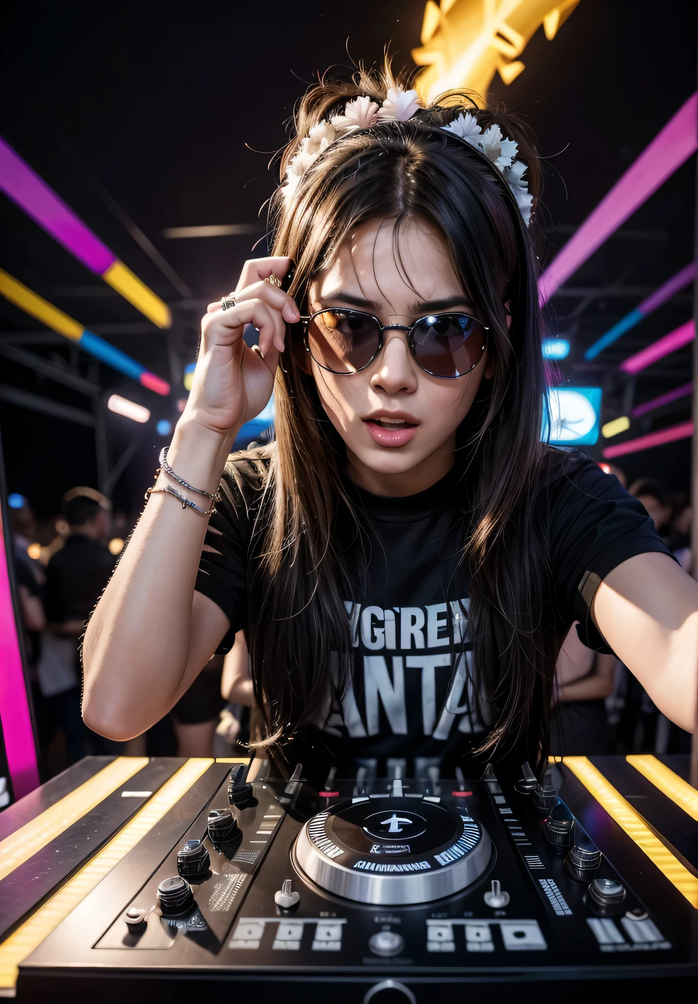 Dj de 25 anos, com fone de ouvido grande, oculos grandes, colocando som em uma festa rave, ultrarealista