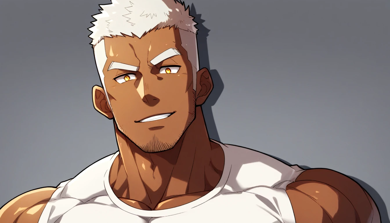 anime characters:Gyee, Fitness coach, ????? black skin, 1 muscular tough guy, Manliness, male focus, Cream White Sleeveless Tight T-Shirt, Very tight, The pectoral muscles are oversized, Slightly transparent, muscular male, muscular, only, Upper body, alone, White short hair, Thick eyebrows, stubble, Yellow eyes, Grey background, simple background, amazing quality, best aesthetics, Ridiculous, bright pupils, crew cut, parted lips, seductive smile, torogao, naughty face, drop shadow, best quality
