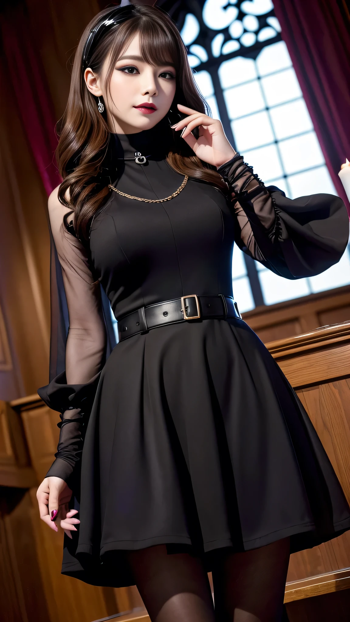 best quality、ultra-detailed、8k、Japanese、Japanese、Seductive beauty、seductive adult woman、Pretty Woman、cool girl、smirk、Wicked Smile、Villainess、brainwash makeup、Brainwashed、brainwash、Fallen into evil、Evil look、evil、Brown hair、wavy hair、swept bangs、dark makeup、piercing eyes、hollow eyes,half-closed eyes、Hollow Eyes、purple Eyeshadow、black lipstick、black lipglos、black elegant dress、wide sleeve、Black flared skirt、skin color pantyhose、stockings、night、inside church、Are standing、Look、Offer、shoot from below、Swear allegiance、I have pledged my allegiance、
