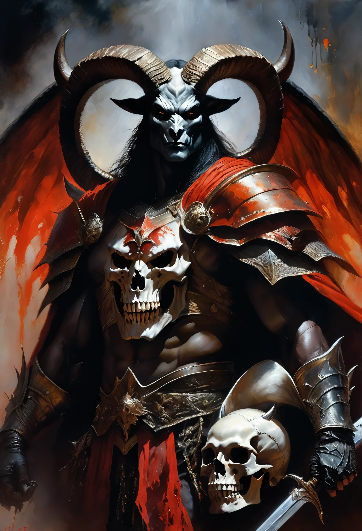 mj, Best Quality, cinematic, close-up, demon with goat head with big horns, strong and strong upper body, demon skins, skins, (claws, wings)), demonic armor, blood splatter, skulls on the ground, standing in blood ritual, medieval, dark room, dim light, masterpiece, realistic, oil painting Gabriele Dell'otto, AI Midjourney, bright saturated colors, watercolor, oil paints, 500px, 4k,oil paint