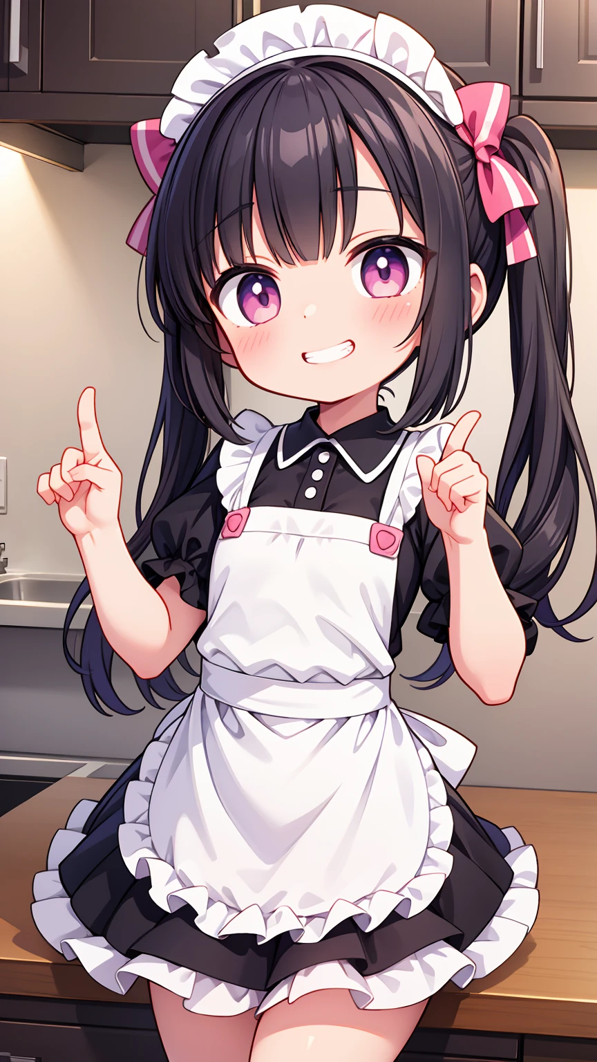 (8K, Highest image quality, highest quality, masterpiece), detailed face, ((one loli:1.6)), ((little loli curve:1.6)) , black hair, short twintails, pink eyes, evil smile, ((grin)), small breasts, naked apron, cowboy shot, put your hand on your mouth, kitchen background, ((very blushing)), ((detailed hands and fingers)), viewer perspective from below